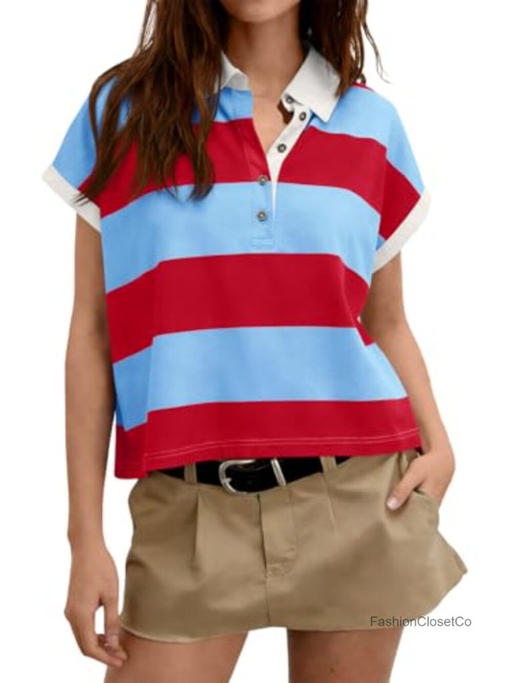 Women's Short Sleeve Polo Shirt Striped Collared Rugby Top